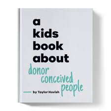 cover of the book "a kids book about donor conceived people" by taylor hovish. the book cover is white with black and teal text.