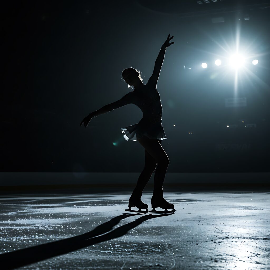 silhouette of a figure skater: grace under stadium lights